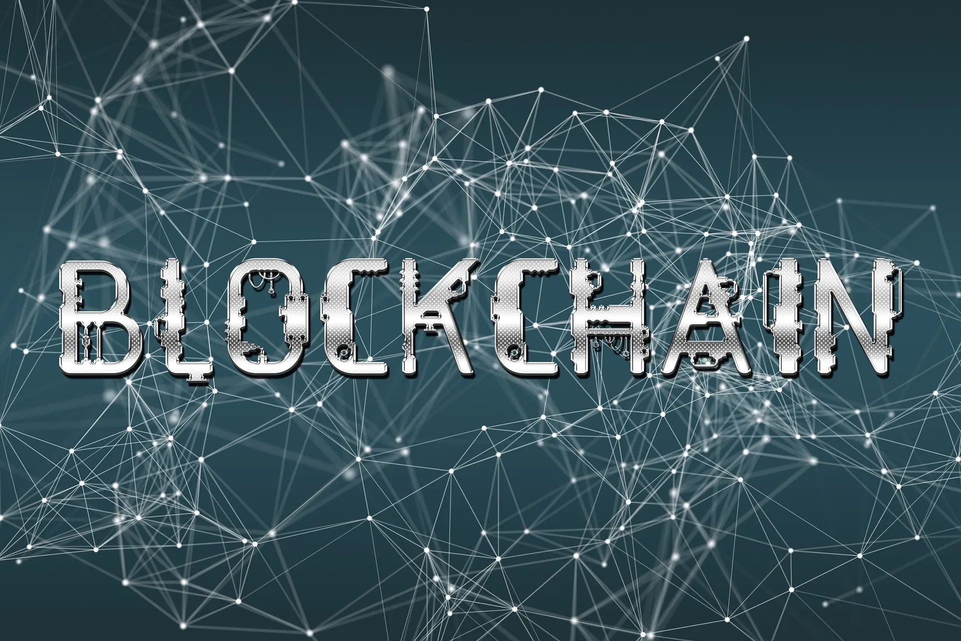 Nome blockchain prateado e fundo com design de fios digitais