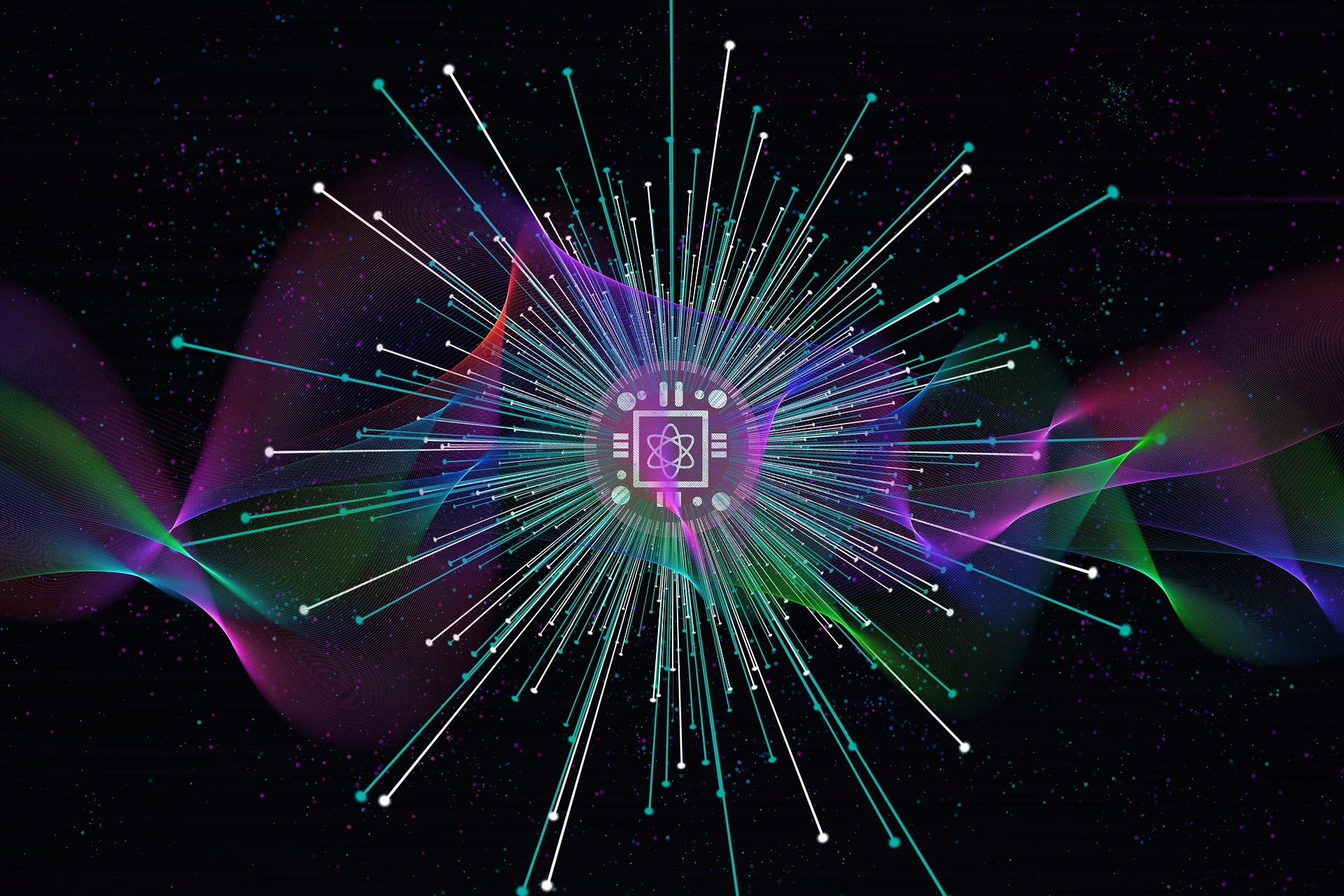 vetor de chip com átomo no meio e ondas verde e rosa no fundo