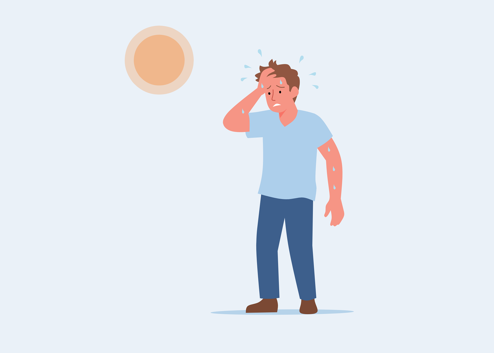 Homem com camisa azul sofrendo com o calor intenso